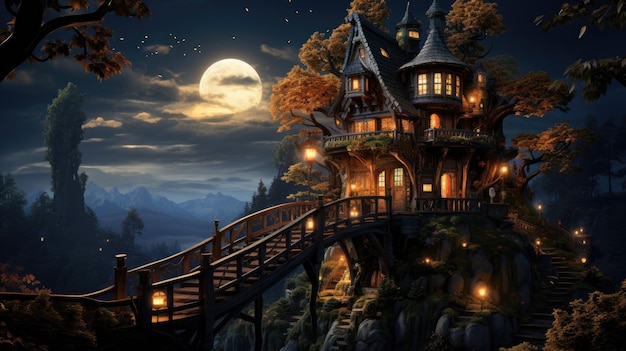 Una casa su una collina con la luna piena sullo sfondo.