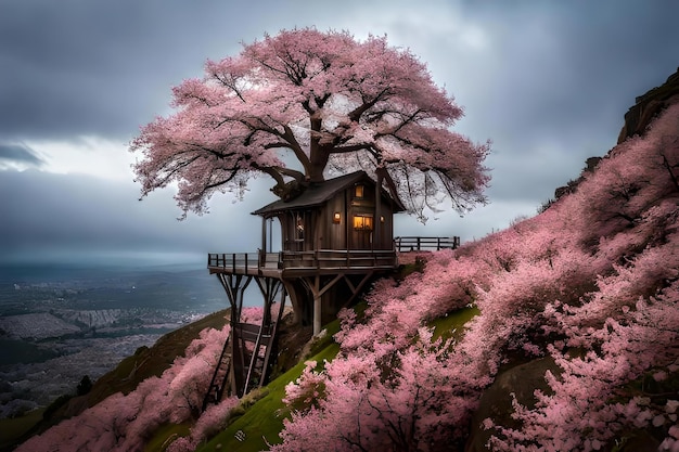 Una casa su una collina con un albero sullo sfondo