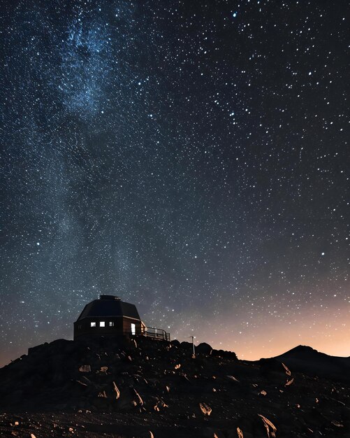 una casa su una collina sotto un cielo notturno pieno di stelle