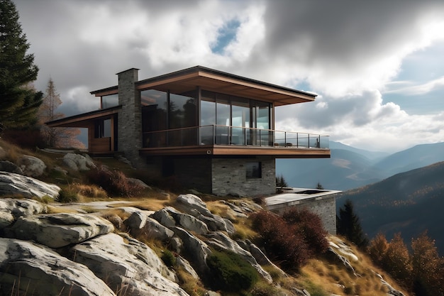 Una casa su una montagna con un cielo nuvoloso sullo sfondo.