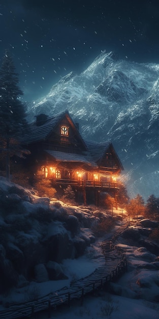 Una casa su una montagna innevata con una montagna innevata sullo sfondo