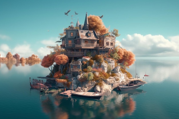 Una casa su una piccola isola con un cielo blu e alberi