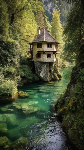 Una casa su una roccia in mezzo a un fiume