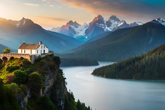 Una casa su una scogliera con le montagne sullo sfondo