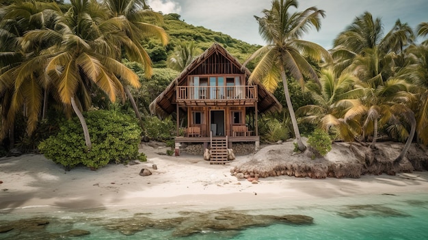 Una casa su una spiaggia con palme sullo sfondo