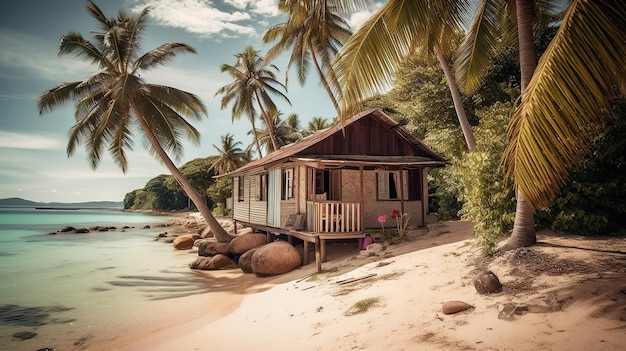 Una casa su una spiaggia con palme sullo sfondo