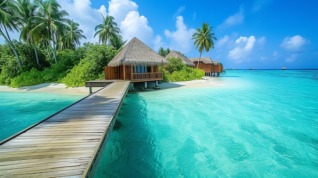 una casa su una spiaggia delle Maldive con palme e un cielo blu