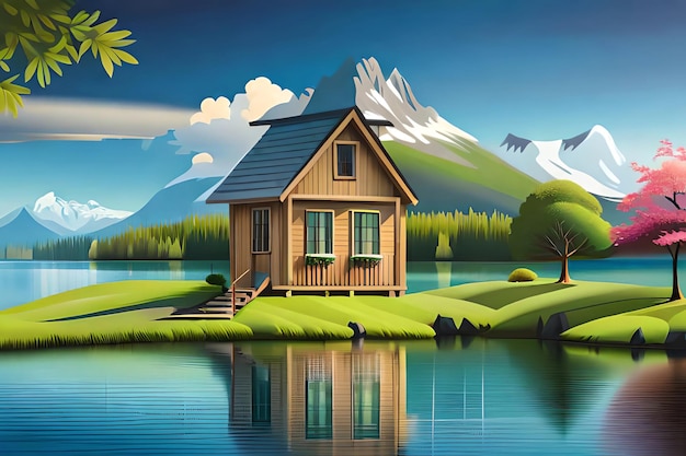 Una casa sul lago con le montagne sullo sfondo