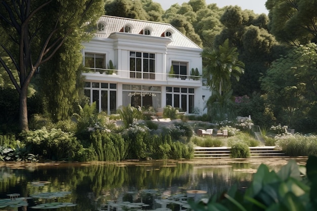 Una casa sul lago con un lago in primo piano