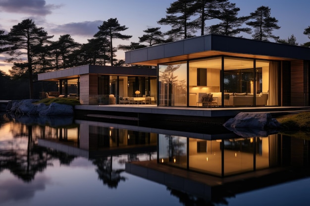 Una casa sul lago di notte