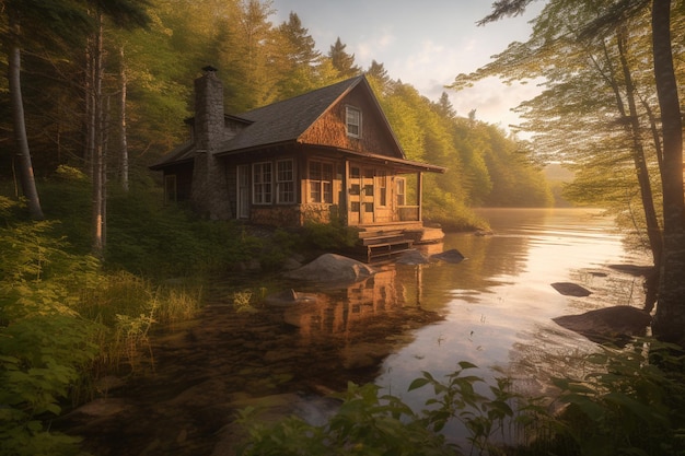 Una casa sull'acqua con un lago sullo sfondo