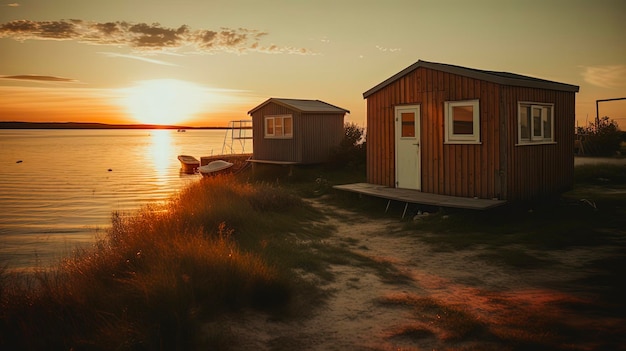 Una casa sull'acqua con un tramonto sullo sfondo