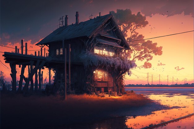 Una casa sull'acqua con uno sfondo tramonto