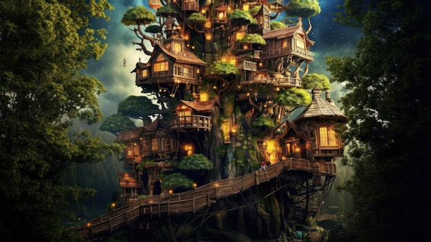 Una casa sull'albero con tante case sopra