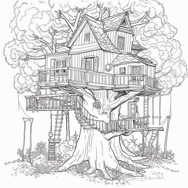 una casa sull'albero con un altalena e un albero al centro generativo ai