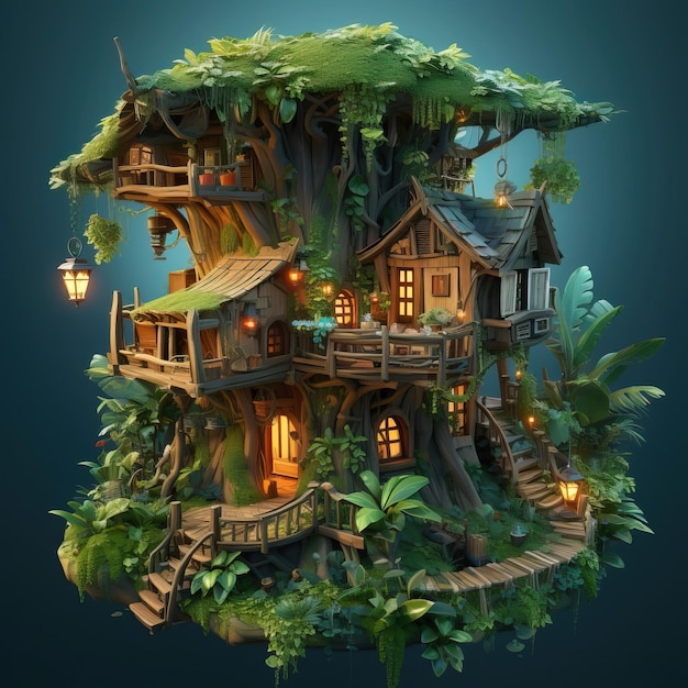 Una casa sull'albero low poly nascosta nella giungla