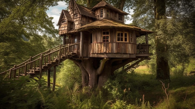 Una casa sull'albero nel bosco con un ponte che porta in cima.