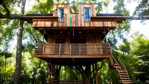 Una casa sull'albero nella foresta con la parola casa sull'albero sul davanti.