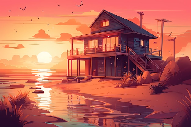 Una casa sulla spiaggia al tramonto