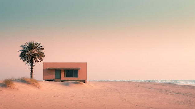 Una casa sulla spiaggia con le palme sullo sfondo