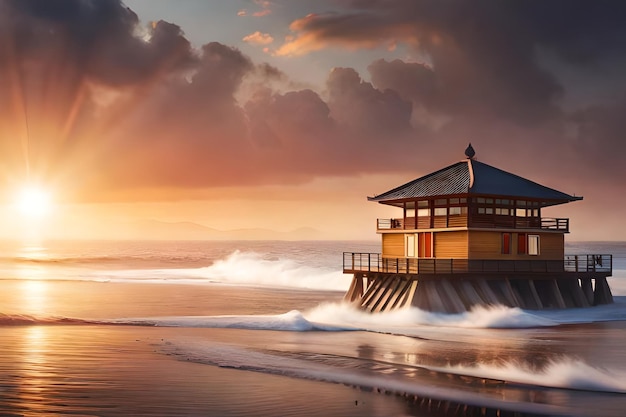Una casa sulla spiaggia con un tramonto sullo sfondo