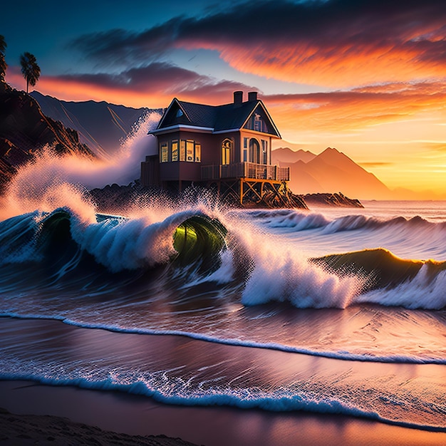 Una casa sulla spiaggia con una grande onda che si schianta su di essa
