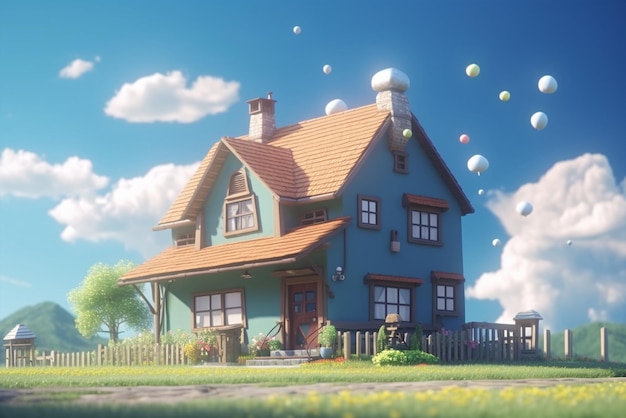 Una casa tetto marrone con un e alcuni palloncini che galleggiano nel cielo generativo ai