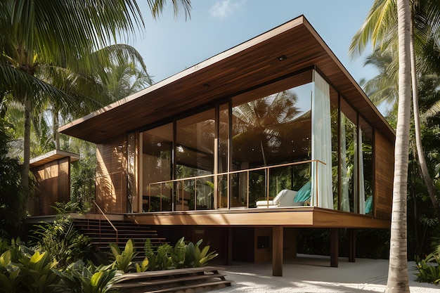 Una casa tropicale con un grande tetto di vetro e un ponte di legno.