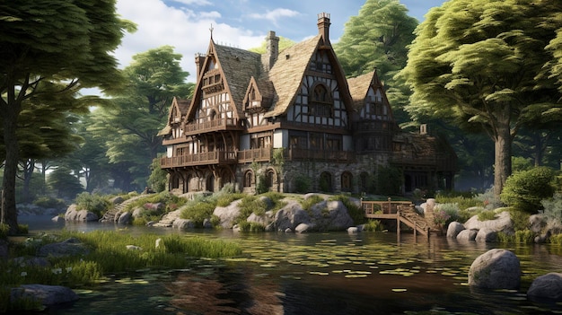 Una casa Tudor situata vicino a un fiume o un lago con uno sfondo panoramico