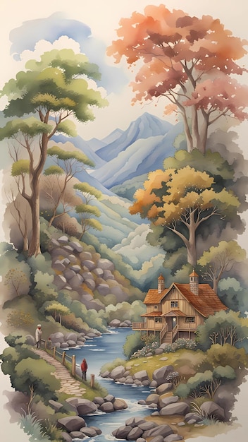una casa vicino al fiume con la montagna sullo sfondo
