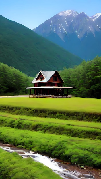 Una casa vicino al fiume in montagna