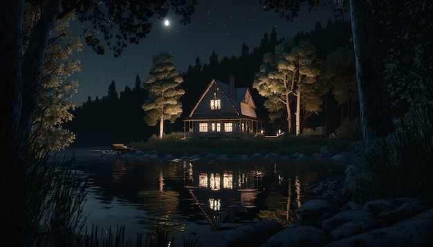 una casa vicino al lago di notte