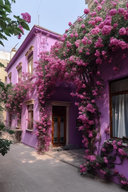 Una casa viola con il tetto rosa e fiori viola.