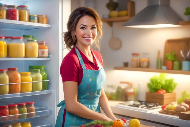 Una casalinga cucina la cena in una cucina accogliente Il suo viso si illumina con un sorriso