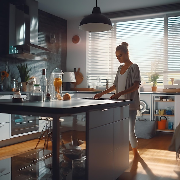 Una casalinga pulisce molto accuratamente la sua cucina nella sua grande e moderna fotografia domestica