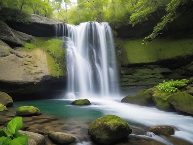 Una cascata a petali verdi che scende in cascata dalle rocce