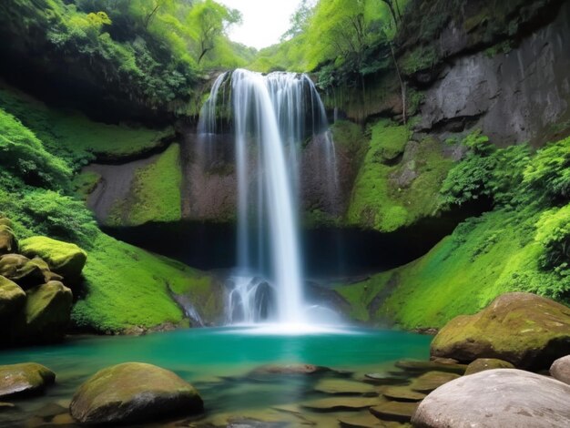 Una cascata a petali verdi che scende in cascata dalle rocce