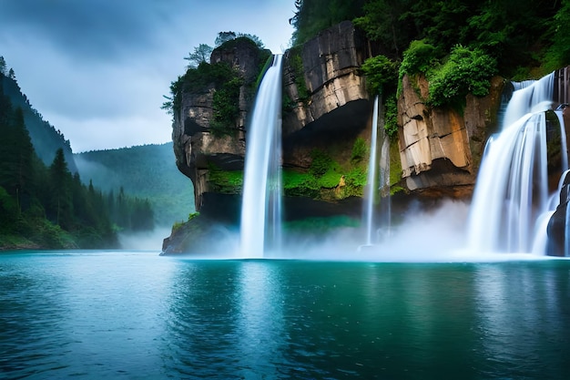 una cascata al centro di un lago con una scogliera di muschio verde sullo sfondo.