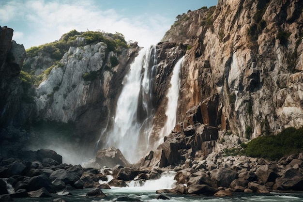 Una cascata al centro di una scogliera con una cascata sullo sfondo.