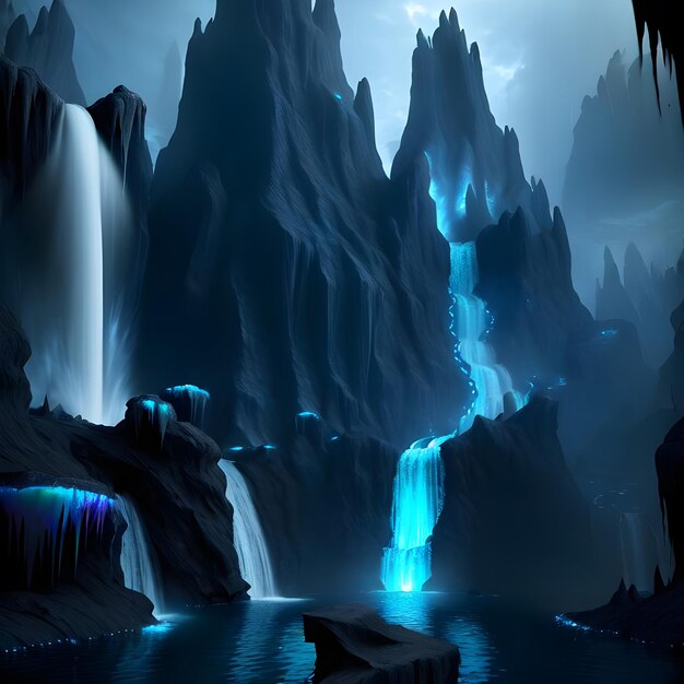 Una cascata blu in una caverna buia con una luna sullo sfondo.