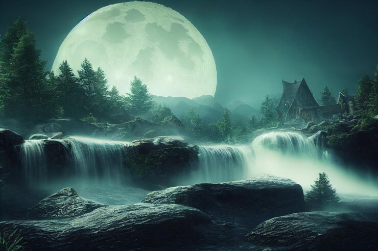 Una cascata che cade da sotto un'immagine di sfondo di una casa degli elfi Concept Art