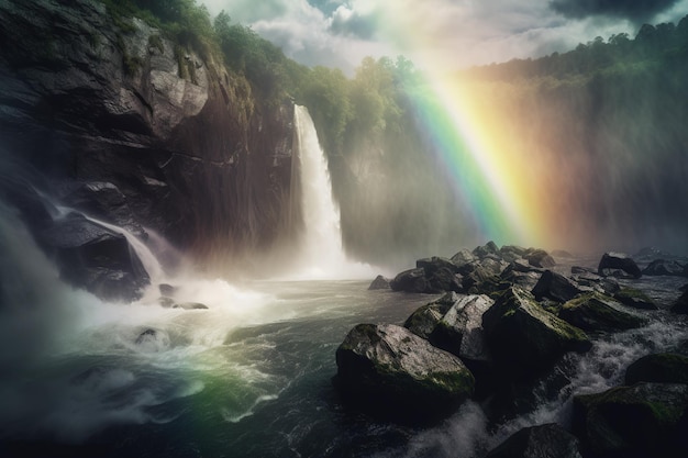 una cascata che ha un arcobaleno centrato al centro