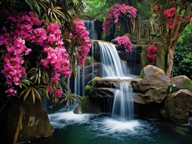 una cascata circondata da fiori rosa