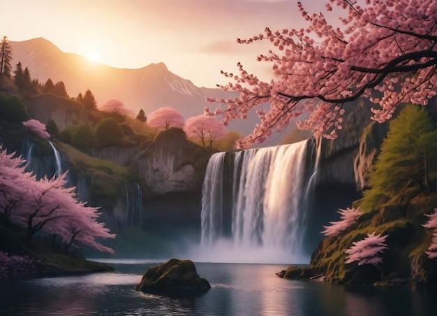 una cascata con fiori rosa e una montagna sullo sfondo