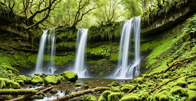 una cascata con muschio sulle rocce e sugli alberi sullo sfondo