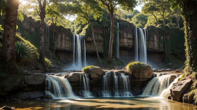 una cascata con un albero sullo sfondo e un albero in primo piano.