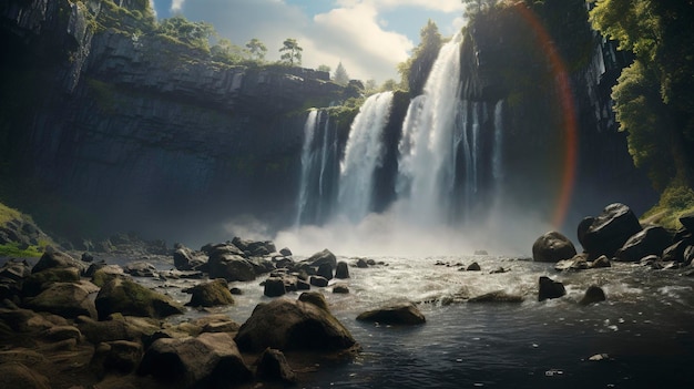 una cascata con un arcobaleno sullo sfondo