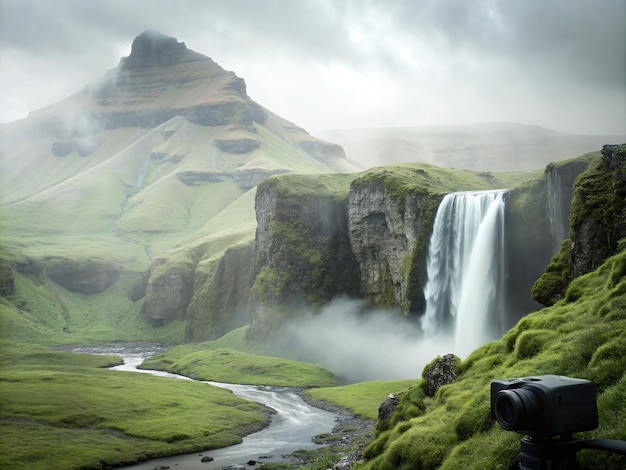 una cascata con una montagna verde sullo sfondo