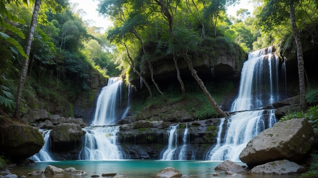 una cascata con una piscina verde sullo sfondo