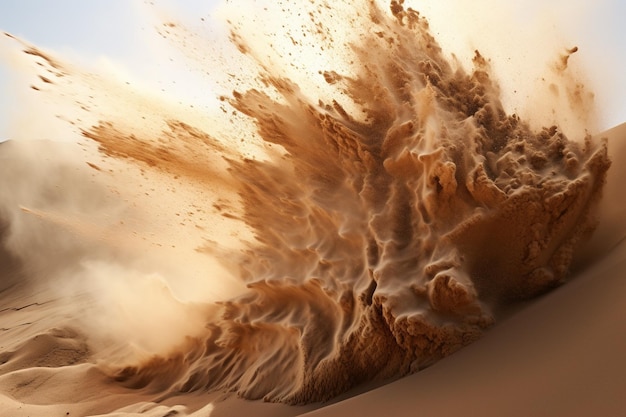 Una cascata di sabbia che cade da una dune ripida catturata in una fotografia ad alta velocità